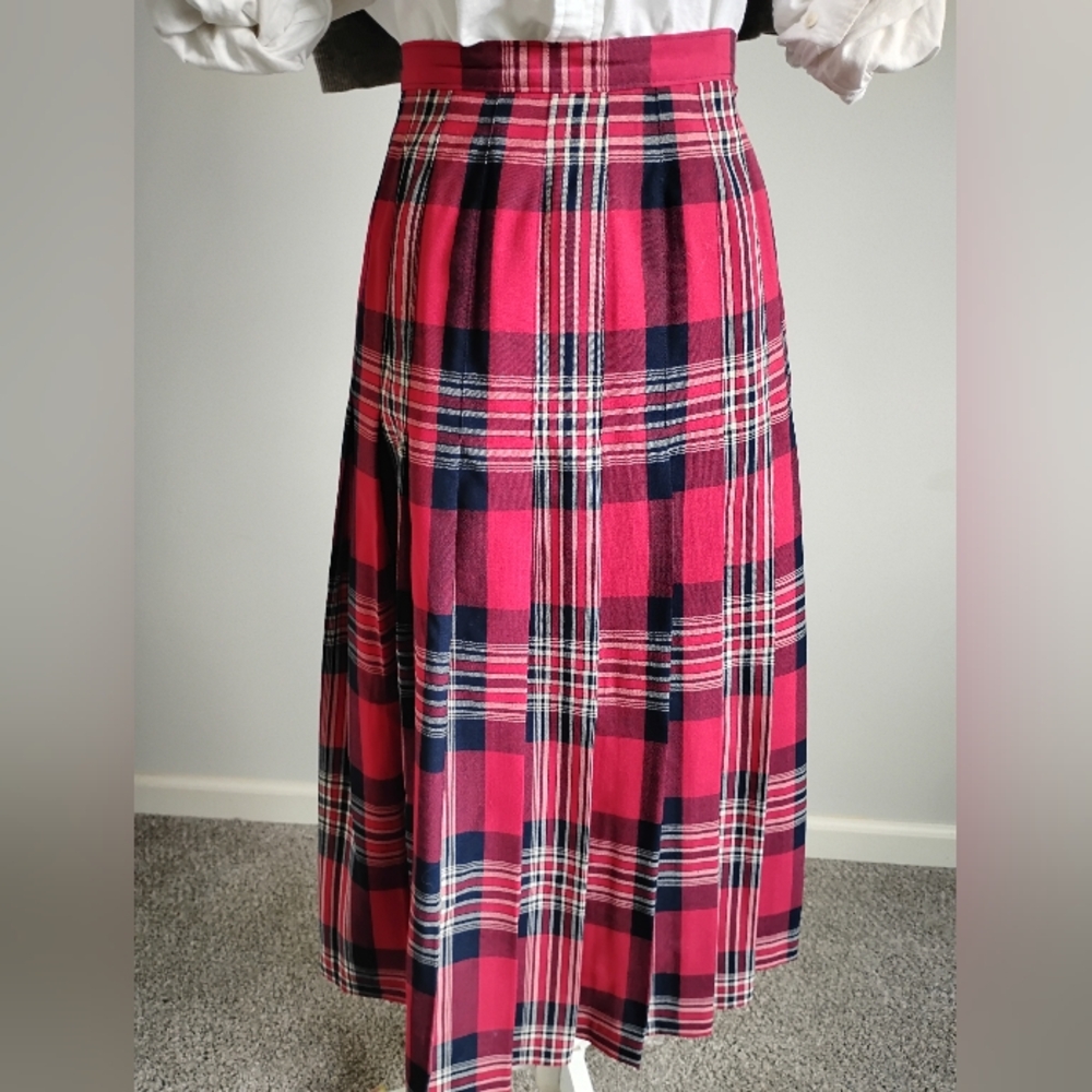 Pendleton Vintage 80s Wool Pleated Maxi Skirt Preppy Navy Blue Red Plaid Size 8 - Picture 6 of 15